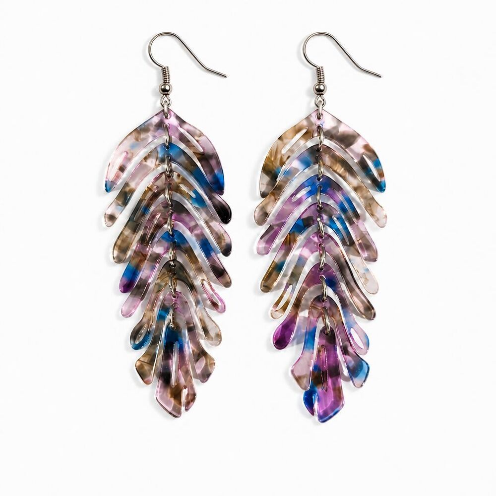VTG Inspired Multicolor Cascading Acrylic Leaf Feather Fishbone Dangle Earrings